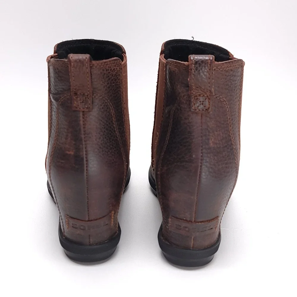 Sorel Joan of Arctic Chelsea Wedge Boots Womens 9.5 Dark Brown Leather